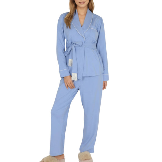 2-Piece Set Long Sleeve Belted Wrap Top and Relaxed Fit Pants Pajama Set with Shawl Collar and Soft Lightweight Fabric
