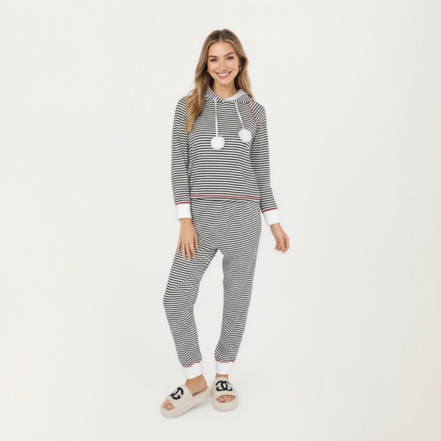 2-Piece Set Long Sleeve Pullover Top with Fuzzy Collar and Relaxed Fit Pants Pajama Set in Soft Knit Fabric