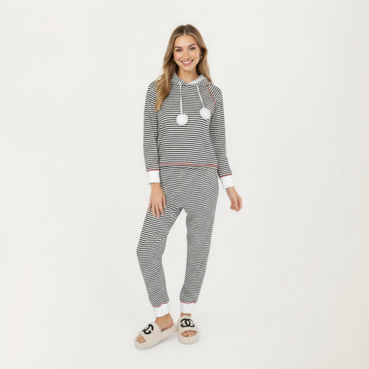 2-Piece Set Long Sleeve Pullover Top with Fuzzy Collar and Relaxed Fit Pants Pajama Set in Soft Knit Fabric