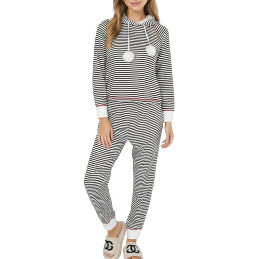 2-Piece Set Long Sleeve Pullover Top with Fuzzy Collar and Relaxed Fit Pants Pajama Set in Soft Knit Fabric