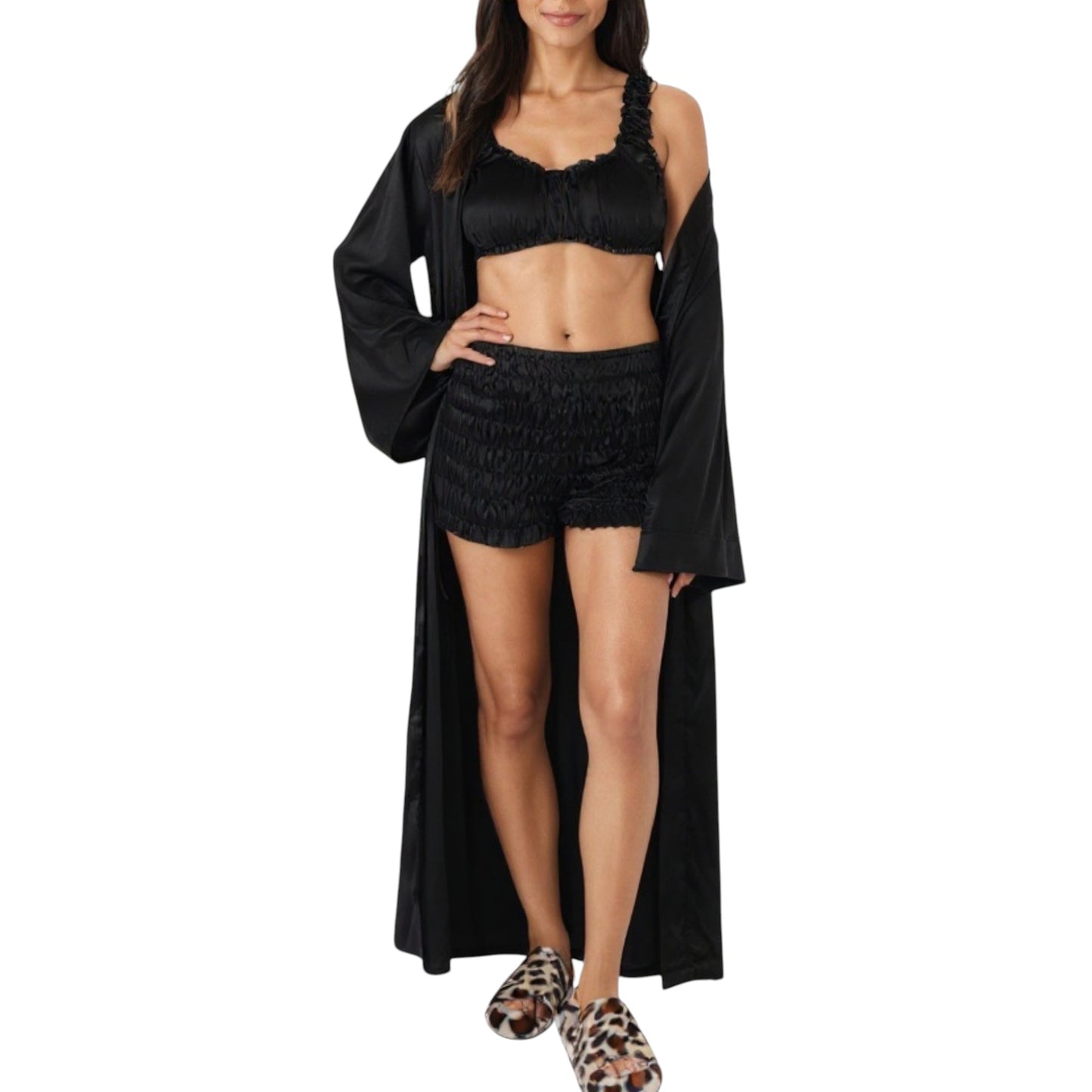 3-Piece Set Satin Robe with Matching Bralette Top and Elastic Waist Shorts Loungewear Sleepwear Set