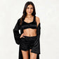 3-Piece Set Satin Robe with Matching Bralette Top and Elastic Waist Shorts Loungewear Sleepwear Set