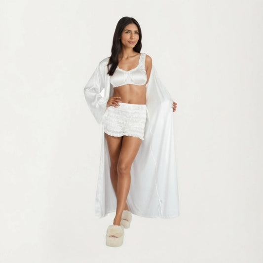 3-Piece Set Satin Robe with Matching Bralette Top and Elastic Waist Shorts Loungewear Sleepwear Set