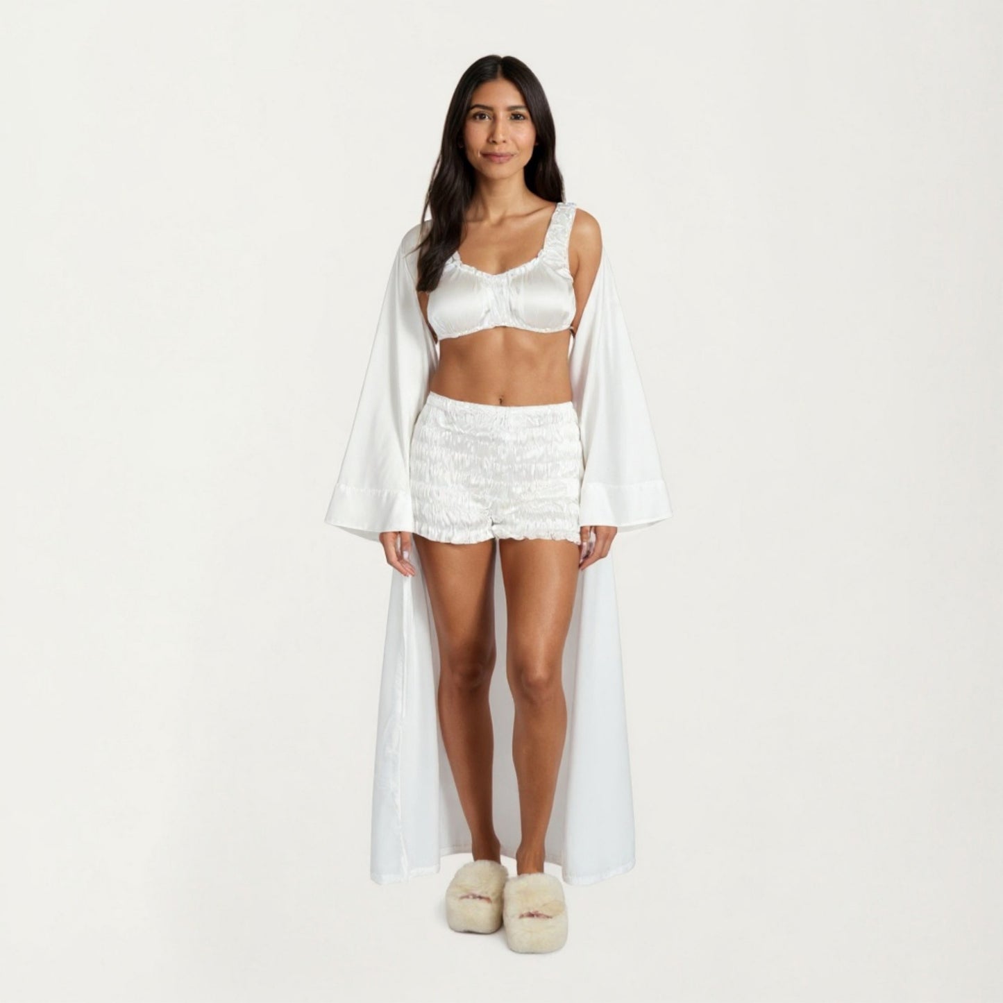 3-Piece Set Satin Robe with Matching Bralette Top and Elastic Waist Shorts Loungewear Sleepwear Set