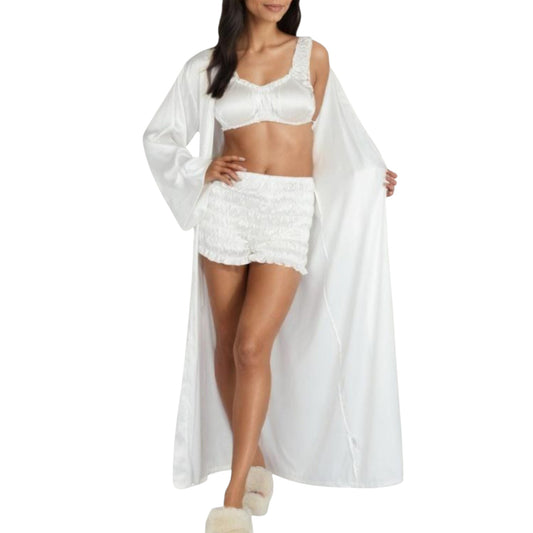 3-Piece Set Satin Robe with Matching Bralette Top and Elastic Waist Shorts Loungewear Sleepwear Set