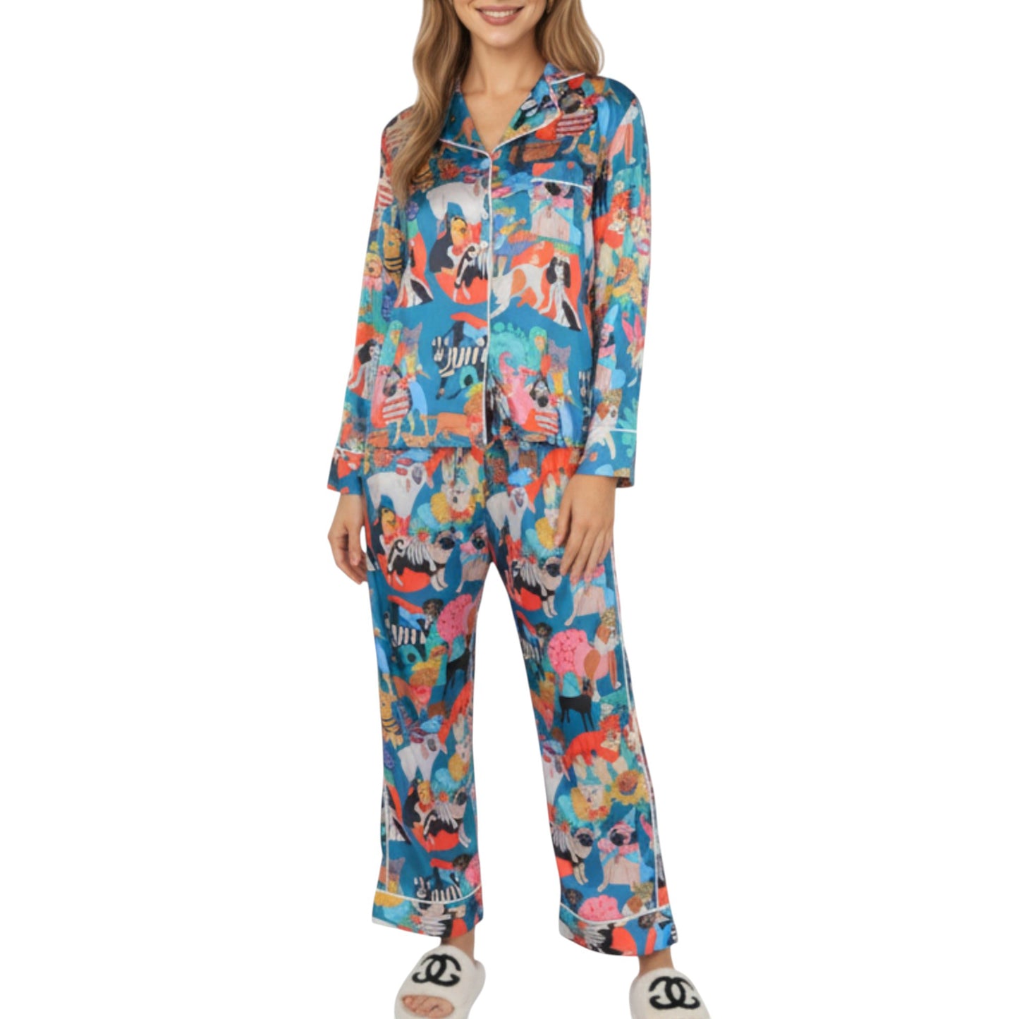 2-Piece Set Long Sleeve Button Front Top and Relaxed Fit Pants Pajama Set with Playful Dog Print