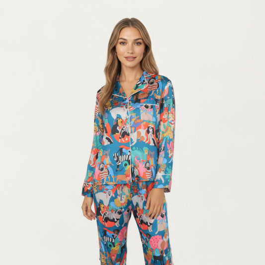 2-Piece Set Long Sleeve Button Front Top and Relaxed Fit Pants Pajama Set with Playful Dog Print