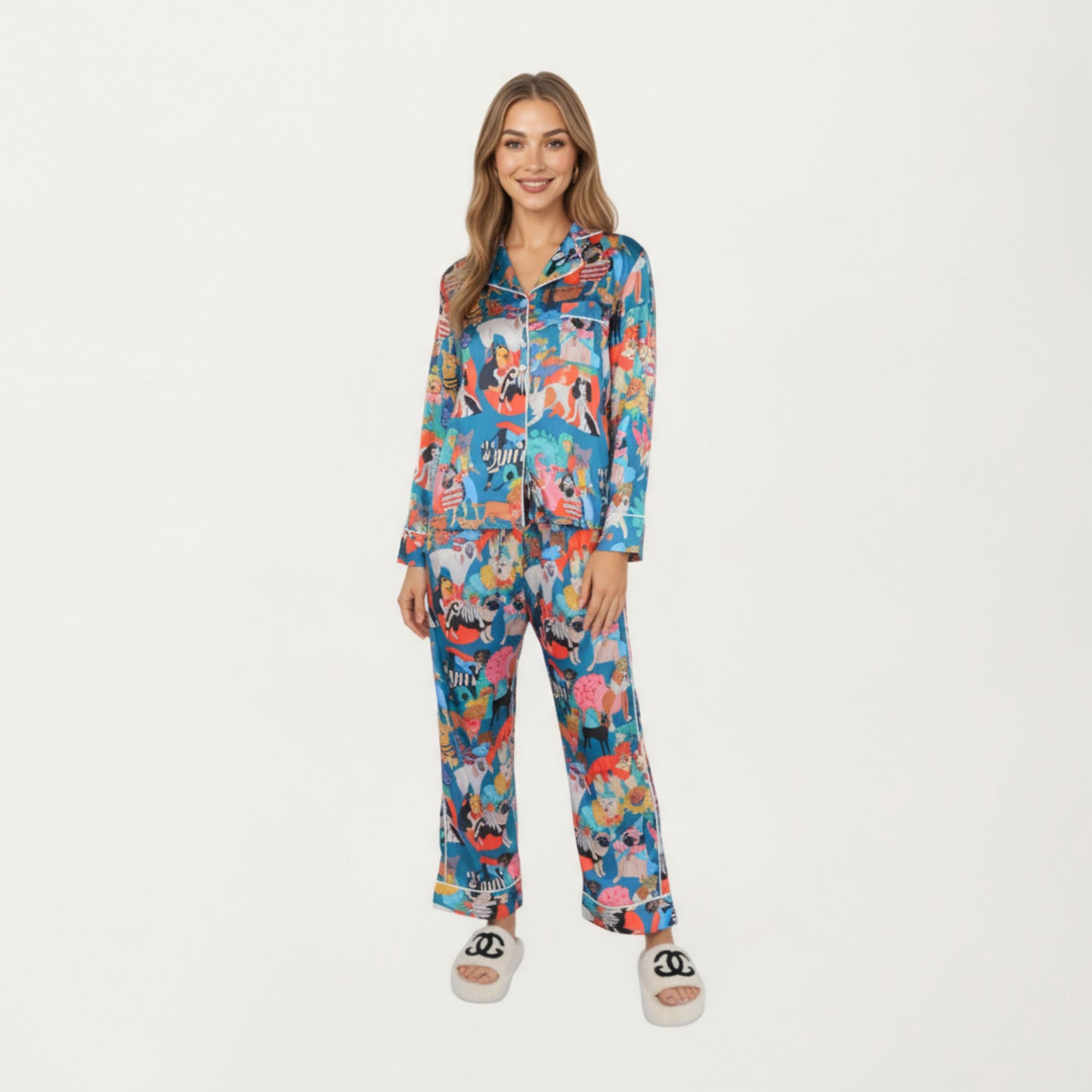 2-Piece Set Long Sleeve Button Front Top and Relaxed Fit Pants Pajama Set with Playful Dog Print