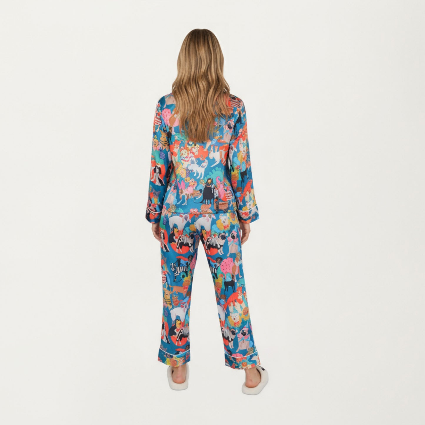 2-Piece Set Long Sleeve Button Front Top and Relaxed Fit Pants Pajama Set with Playful Dog Print