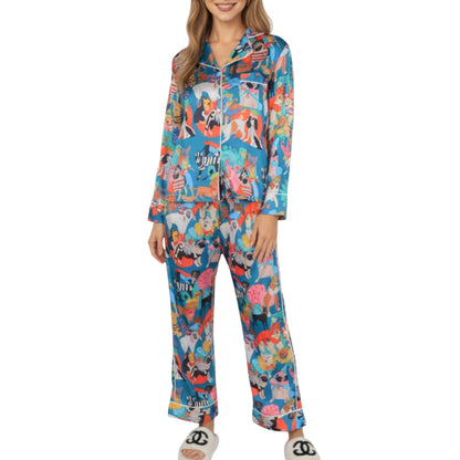 2-Piece Set Long Sleeve Button Front Top and Relaxed Fit Pants Pajama Set with Playful Dog Print