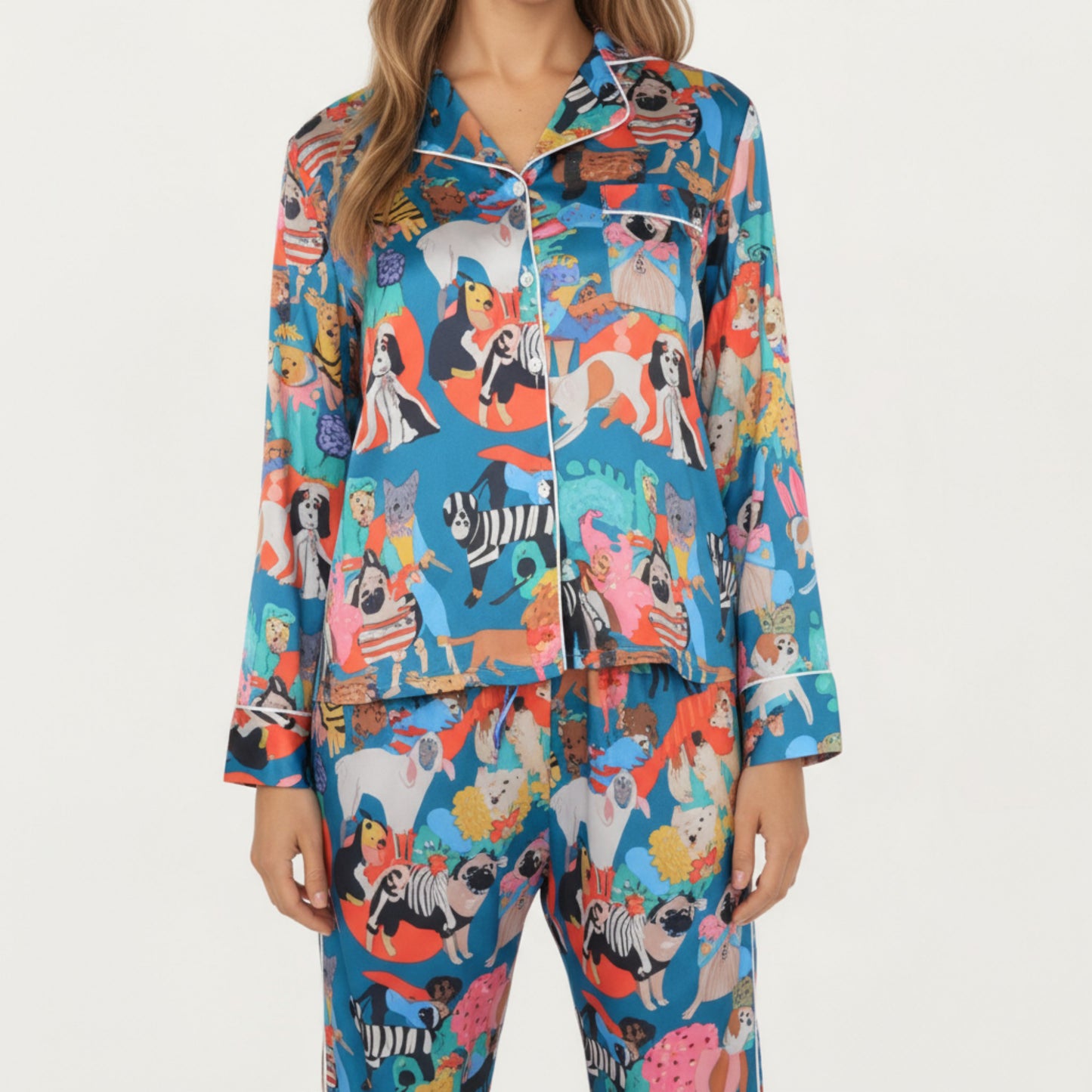 2-Piece Set Long Sleeve Button Front Top and Relaxed Fit Pants Pajama Set with Playful Dog Print