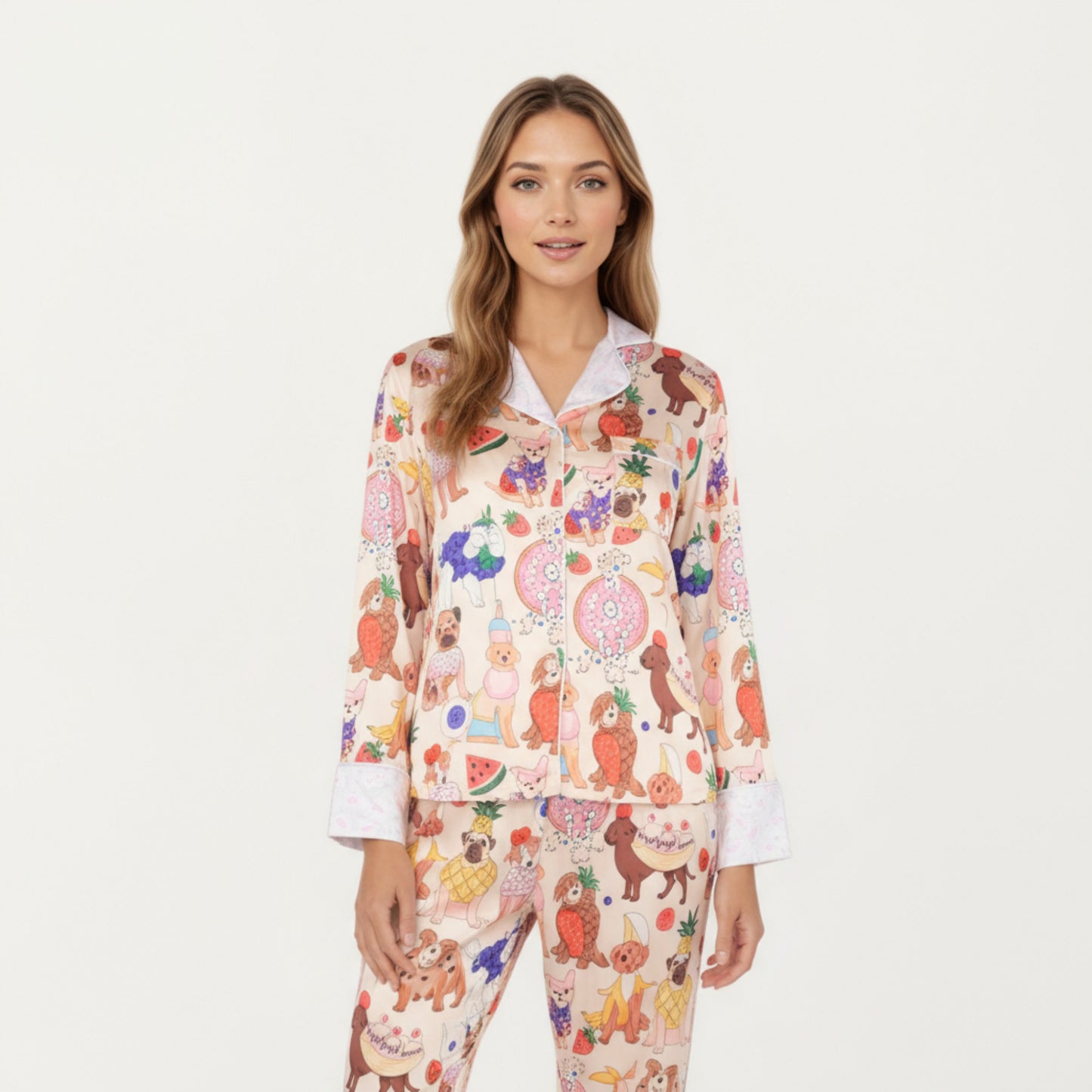 2-Piece Set Long Sleeve Button Front Top and Relaxed Fit Pants Pajama Set with Fun Dog Print