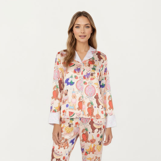 2-Piece Set Long Sleeve Button Front Top and Relaxed Fit Pants Pajama Set with Fun Dog Print