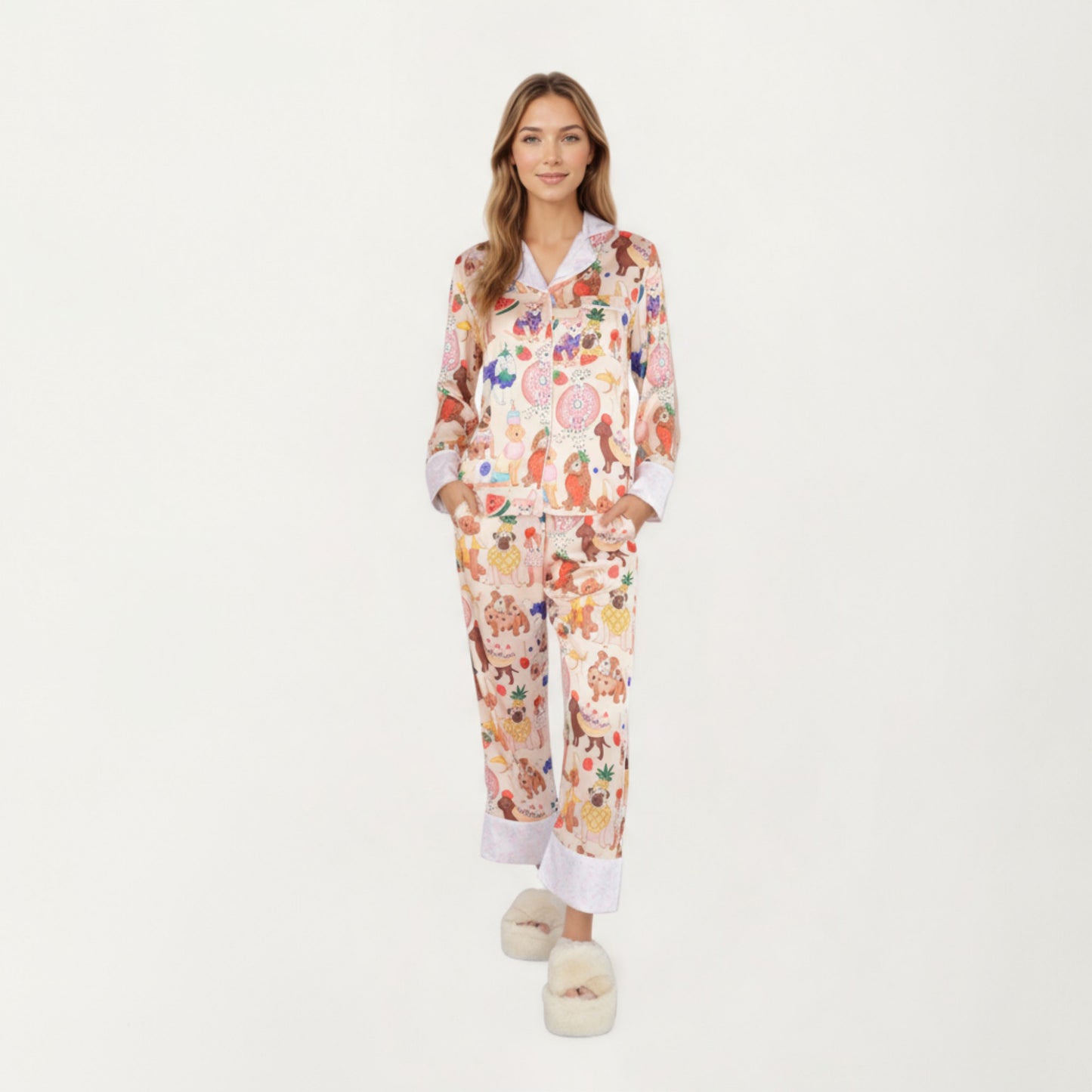 2-Piece Set Long Sleeve Button Front Top and Relaxed Fit Pants Pajama Set with Fun Dog Print