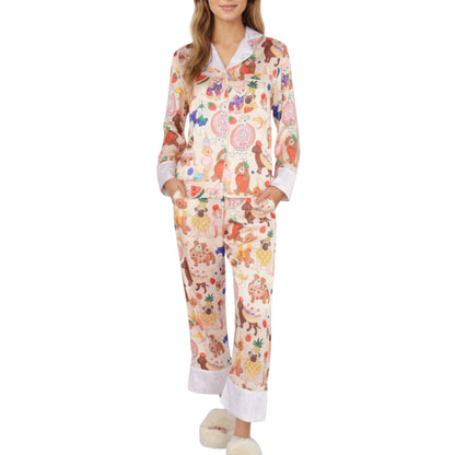 2-Piece Set Long Sleeve Button Front Top and Relaxed Fit Pants Pajama Set with Fun Dog Print