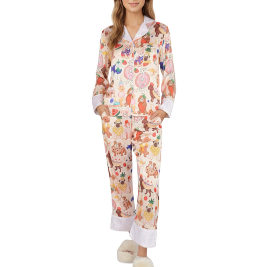 2-Piece Set Long Sleeve Button Front Top and Relaxed Fit Pants Pajama Set with Fun Dog Print