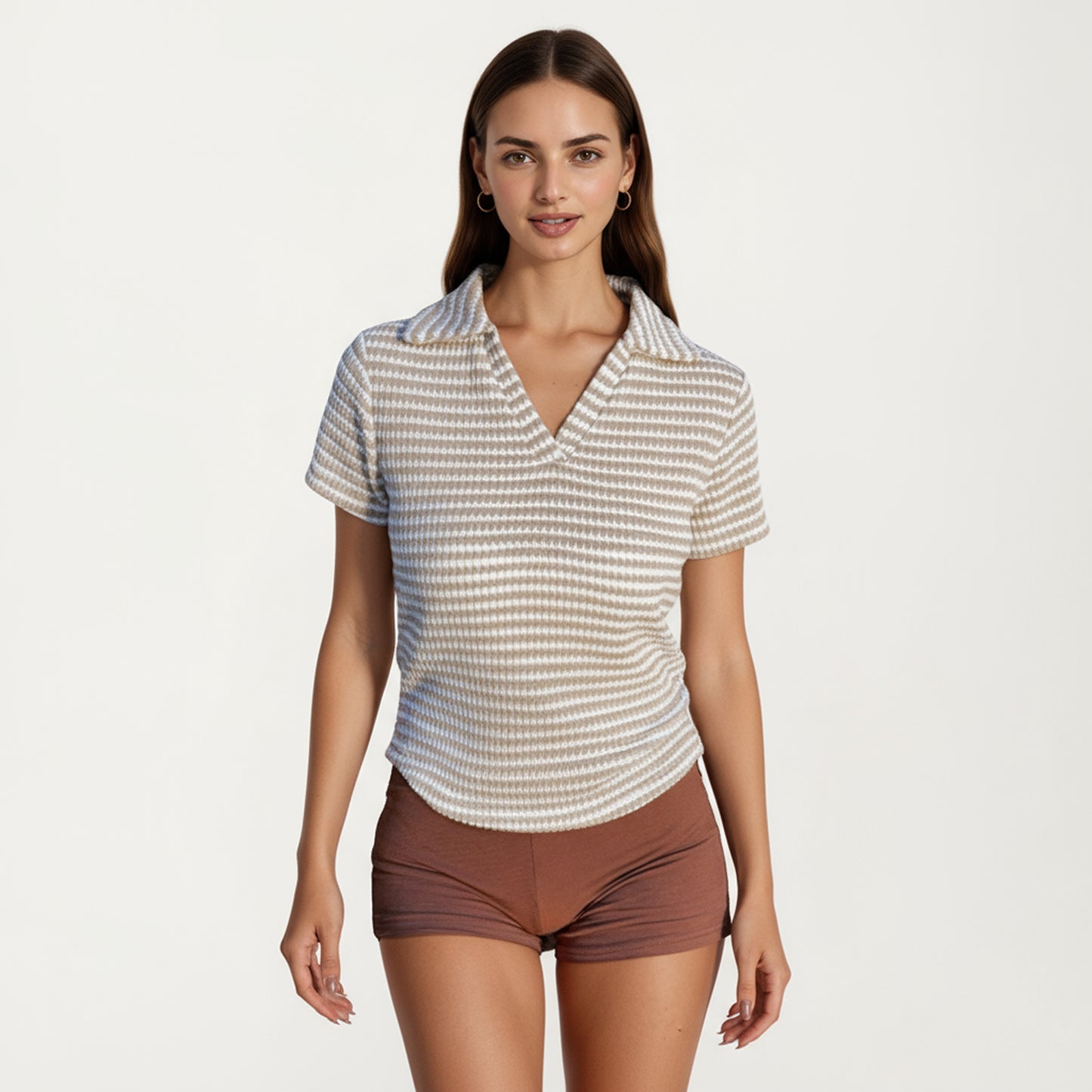 Short Sleeve Collared Knit Top with Striped Pattern and V-Neckline