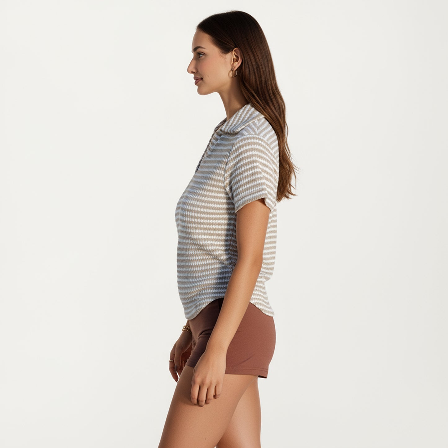 Short Sleeve Collared Knit Top with Striped Pattern and V-Neckline