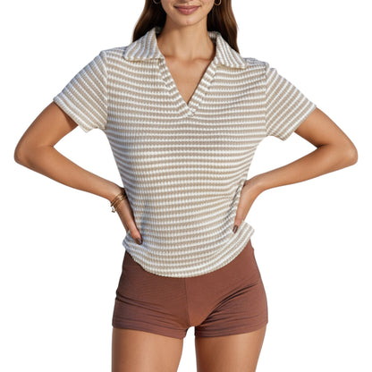 Short Sleeve Collared Knit Top with Striped Pattern and V-Neckline