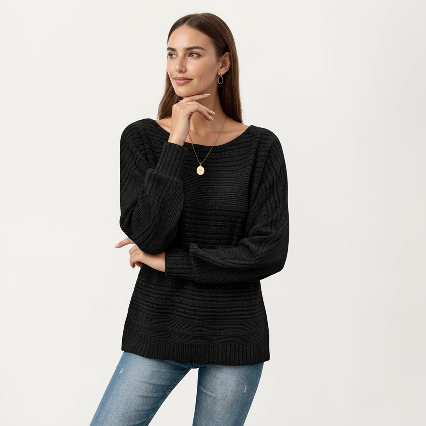 Long Sleeve Striped Knit Sweater with Boat Neckline and Relaxed Fit