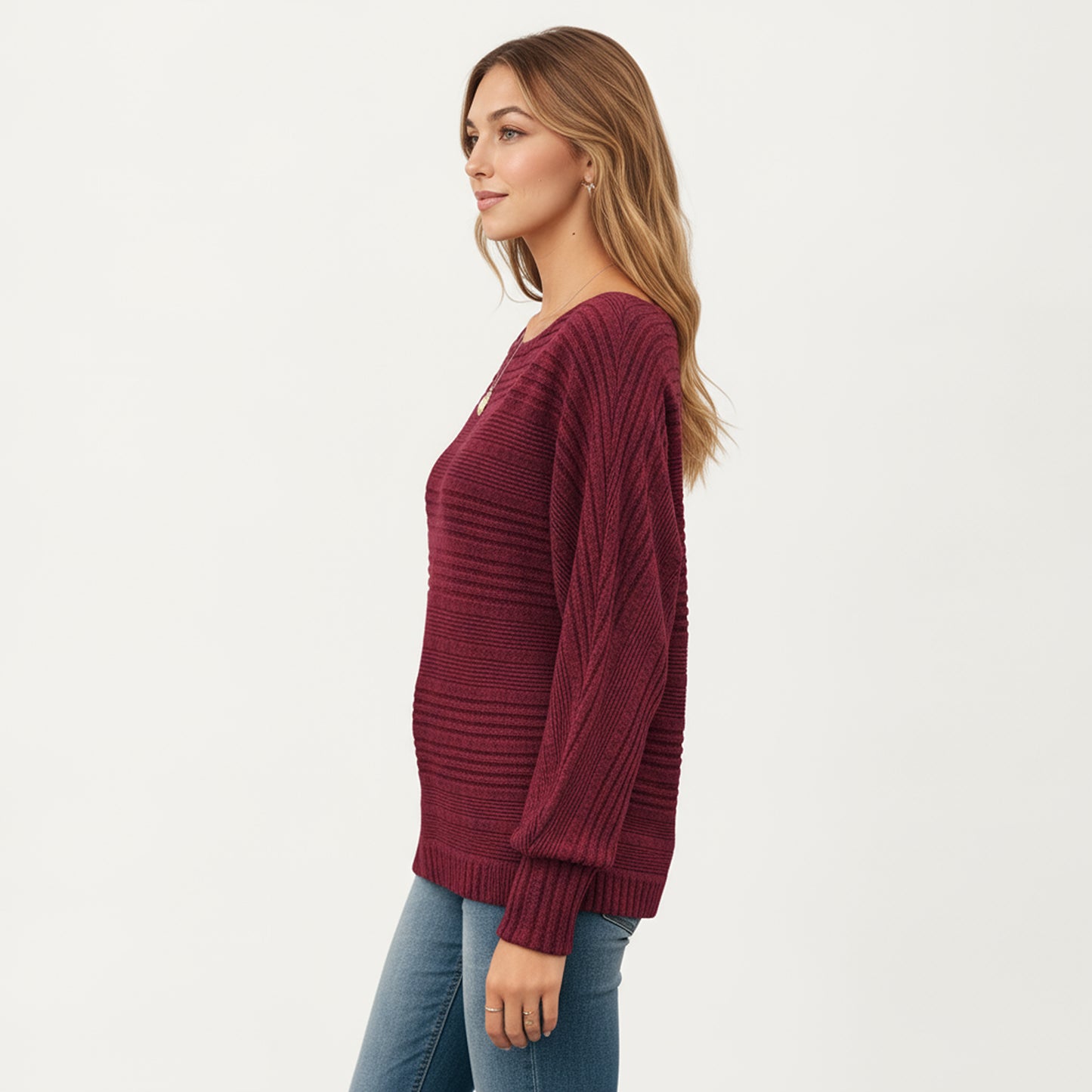 Long Sleeve Striped Knit Sweater with Boat Neckline and Relaxed Fit