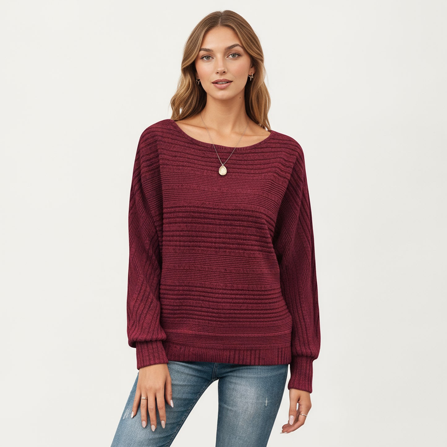 Long Sleeve Striped Knit Sweater with Boat Neckline and Relaxed Fit