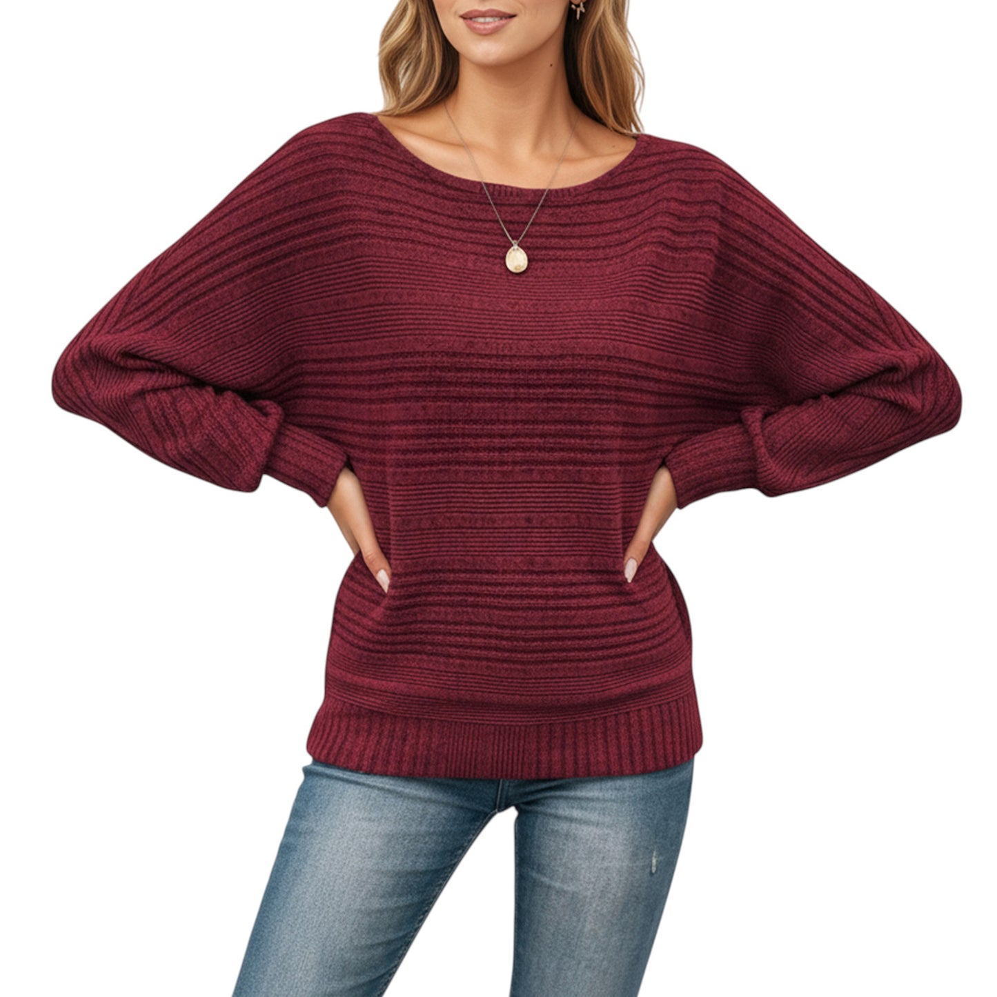 Long Sleeve Striped Knit Sweater with Boat Neckline and Relaxed Fit