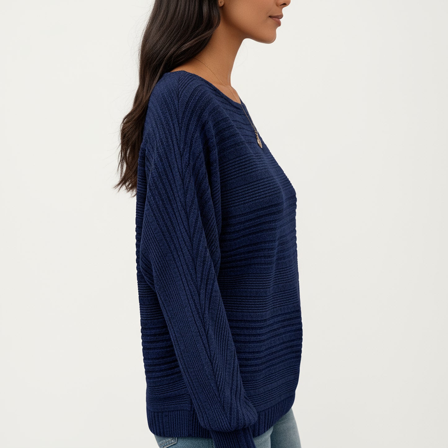 Long Sleeve Striped Knit Sweater with Boat Neckline and Relaxed Fit
