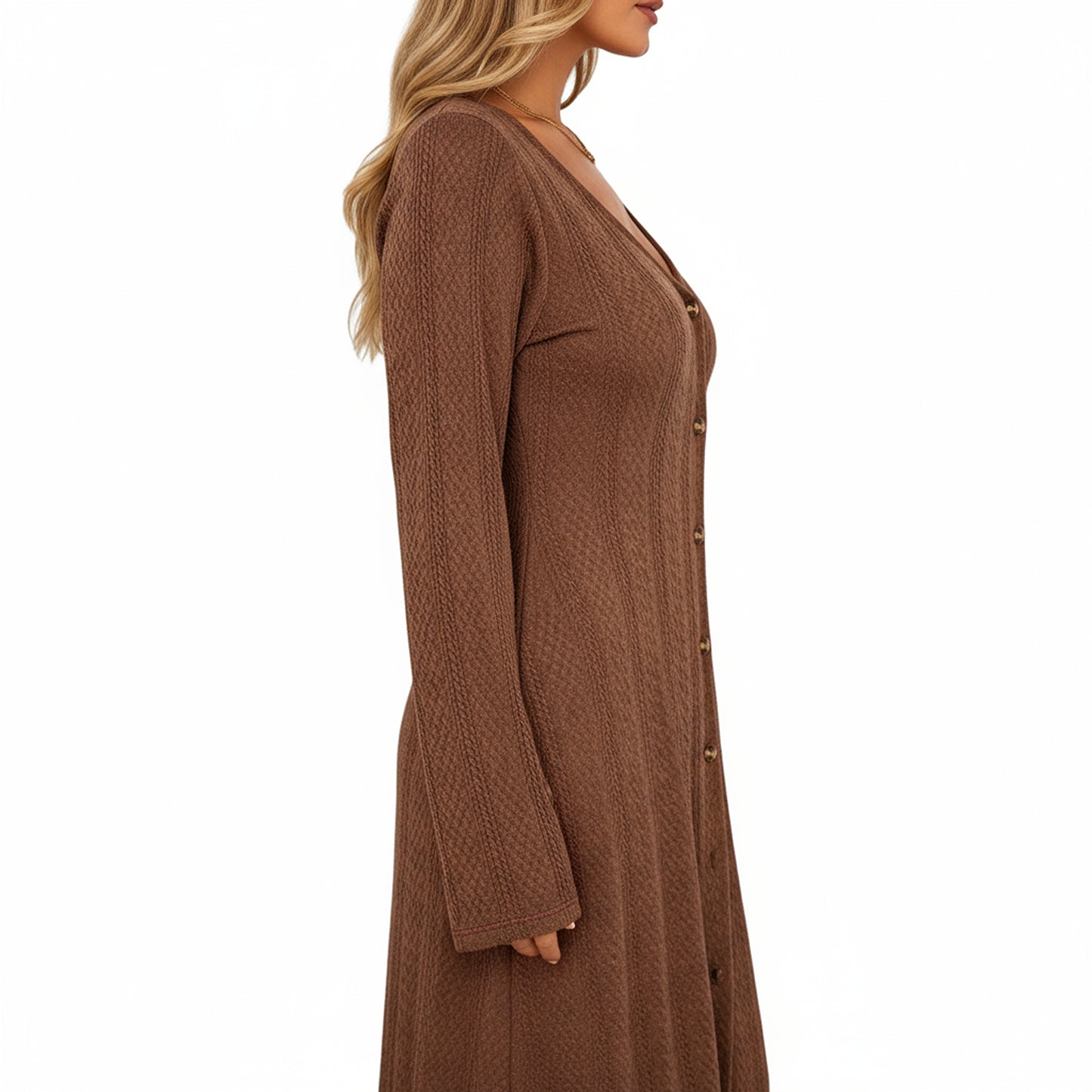 Long Sleeve Button Front Maxi Dress with Deep V-Neck and Side Slit