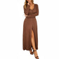Long Sleeve Button Front Maxi Dress with Deep V-Neck and Side Slit