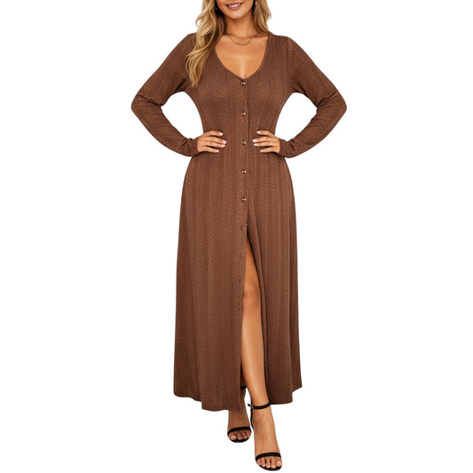 Long Sleeve Button Front Maxi Dress with Deep V-Neck and Side Slit