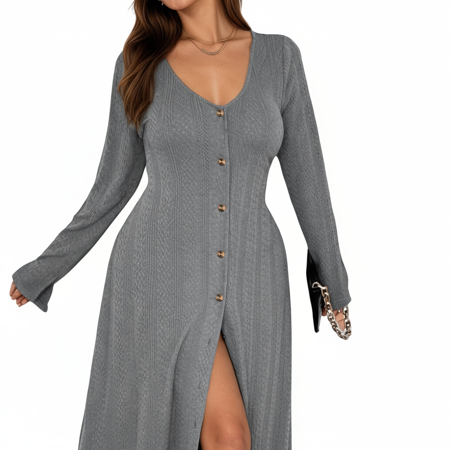 Long Sleeve Button Front Maxi Dress with Deep V-Neck and Side Slit