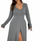 Long Sleeve Button Front Maxi Dress with Deep V-Neck and Side Slit