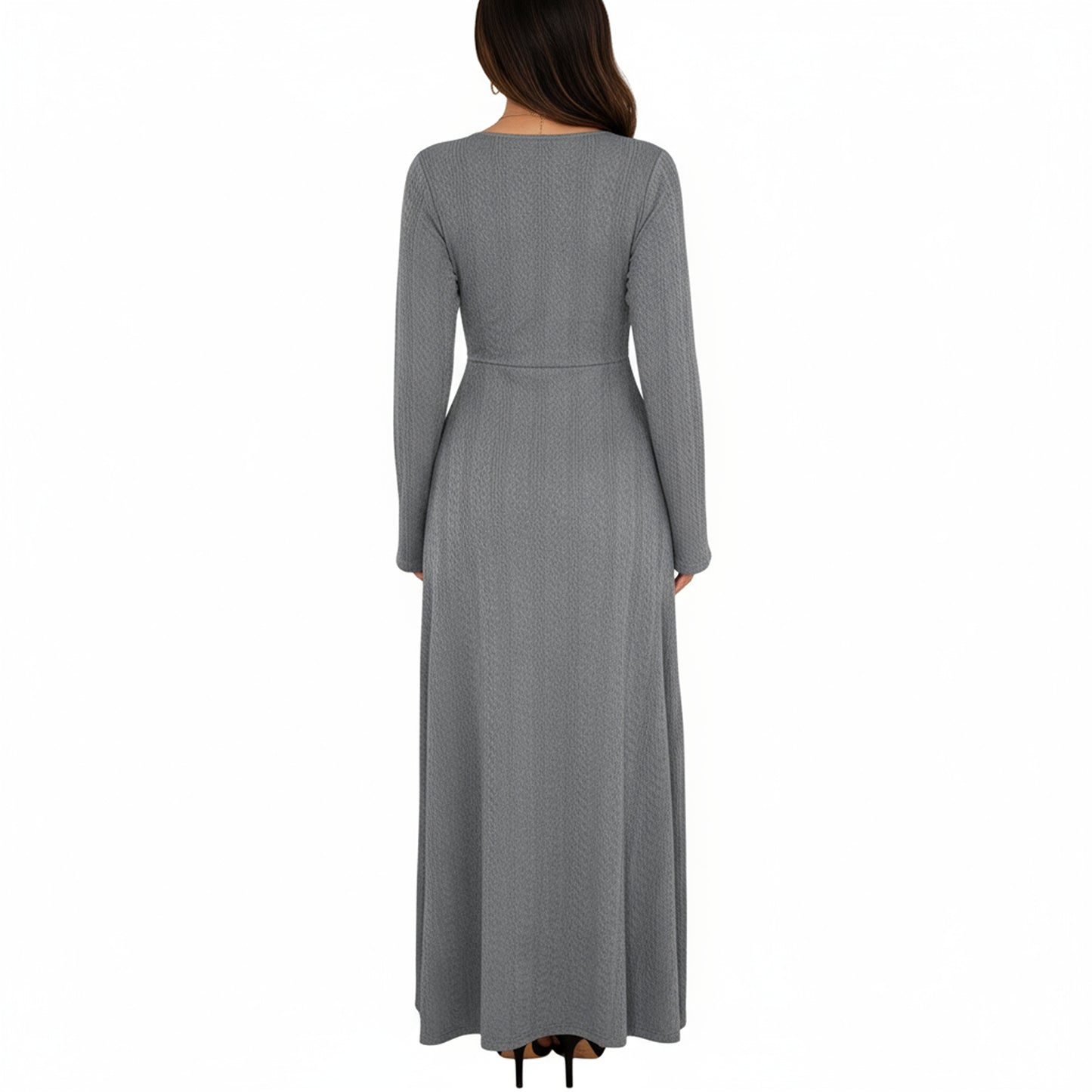 Long Sleeve Button Front Maxi Dress with Deep V-Neck and Side Slit