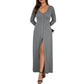 Long Sleeve Button Front Maxi Dress with Deep V-Neck and Side Slit