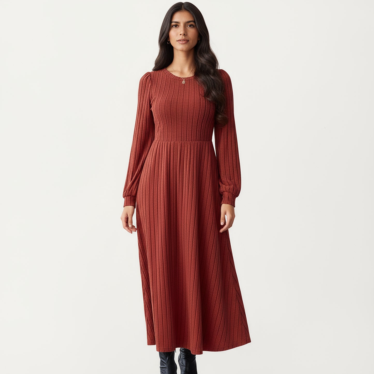 Long Sleeve Pleated Maxi Dress with Fitted Bodice and Flowing Skirt