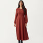 Long Sleeve Pleated Maxi Dress with Fitted Bodice and Flowing Skirt