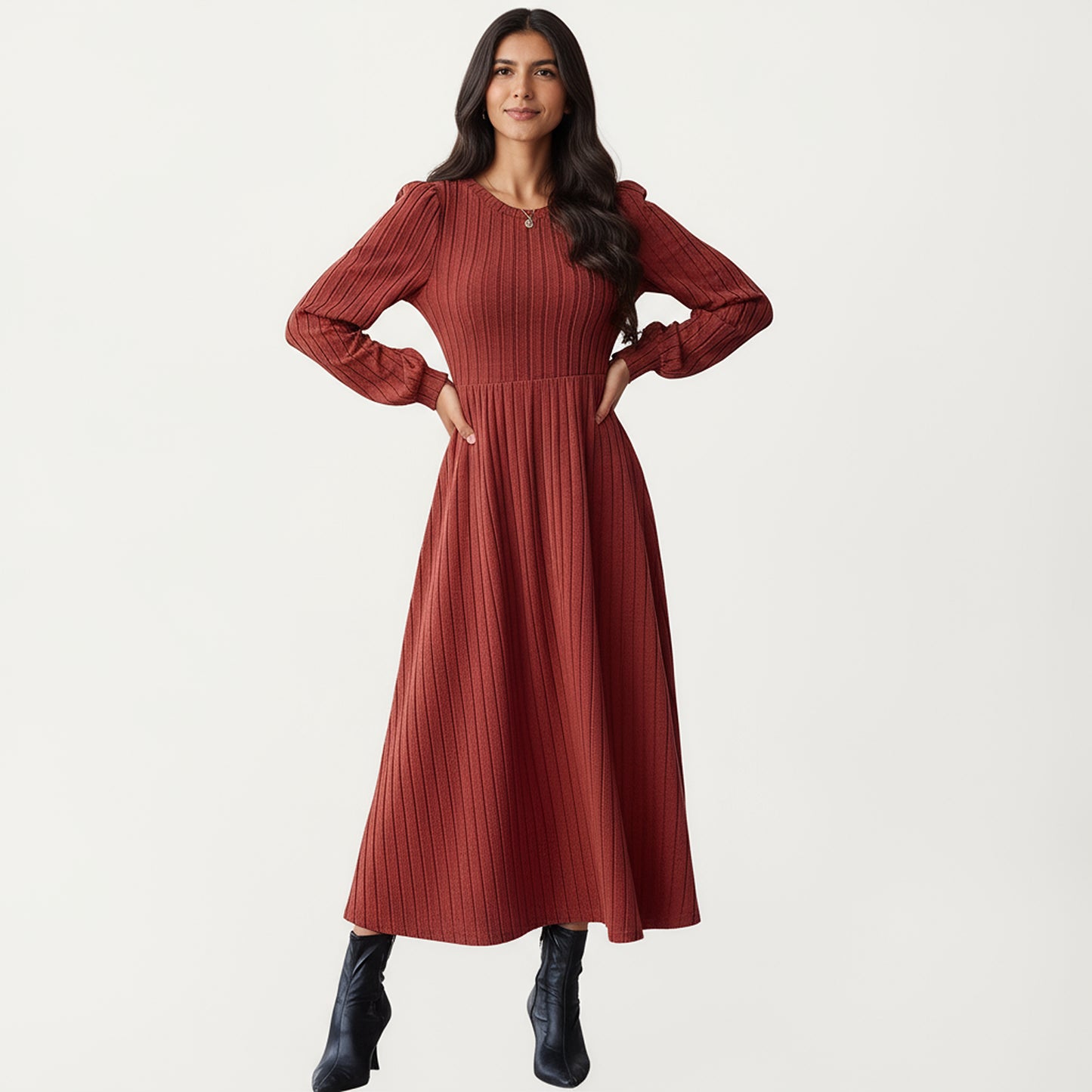Long Sleeve Pleated Maxi Dress with Fitted Bodice and Flowing Skirt