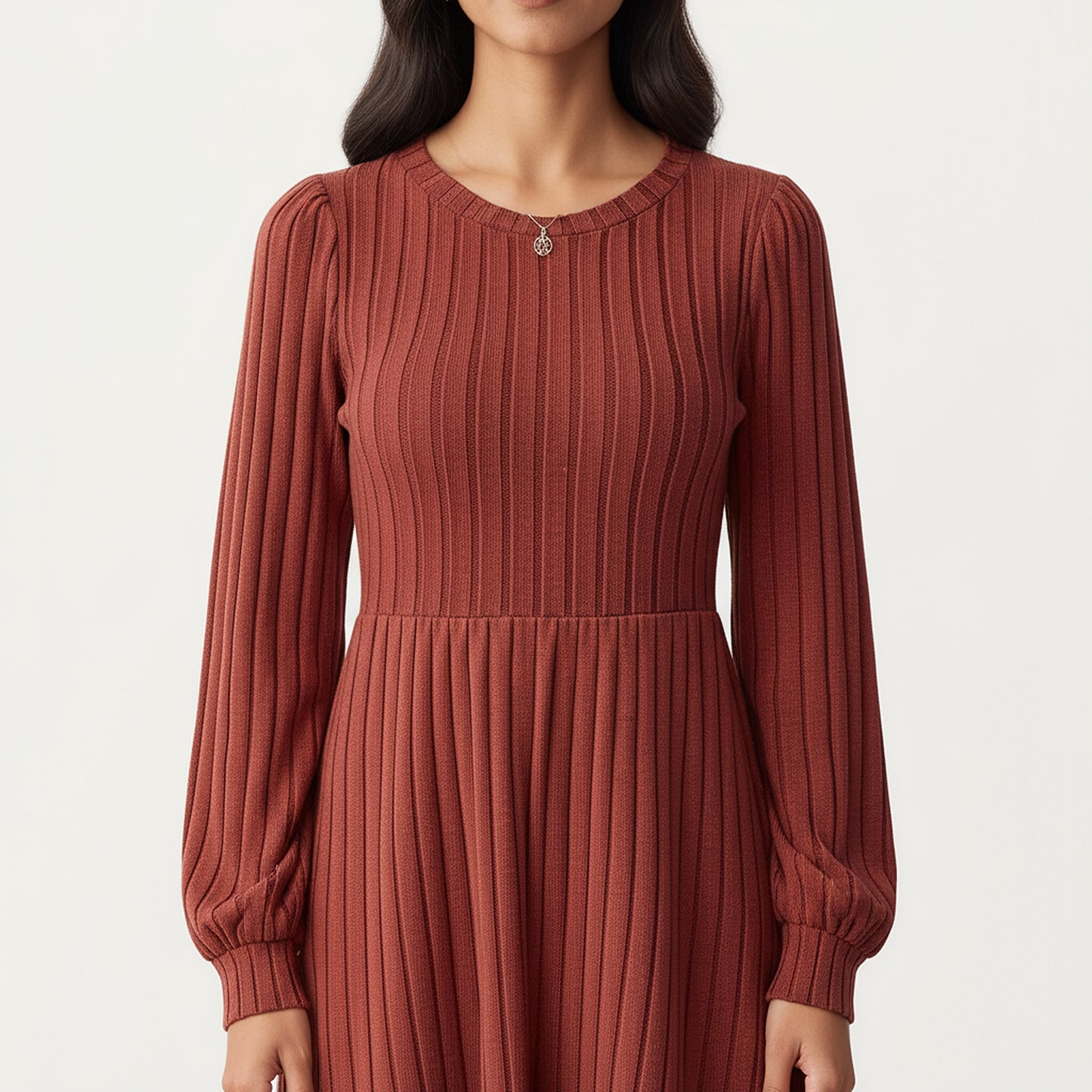 Long Sleeve Pleated Maxi Dress with Fitted Bodice and Flowing Skirt