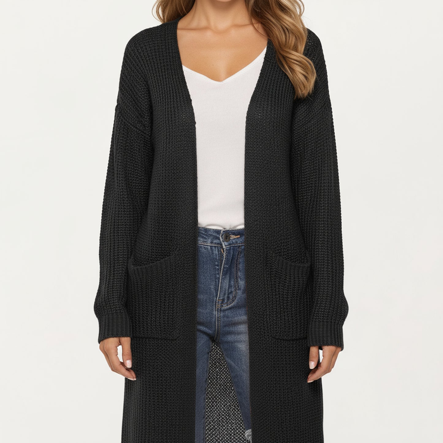 Open Front Long Knit Cardigan with Pockets and Ribbed Trim