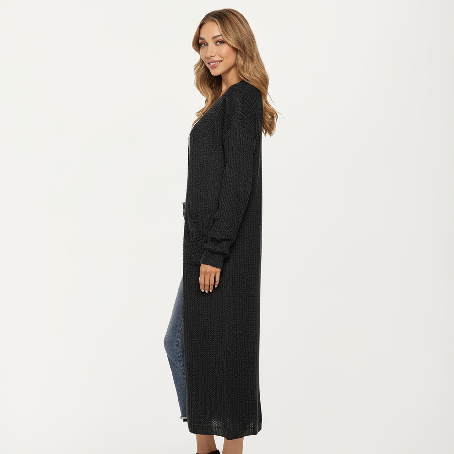 Open Front Long Knit Cardigan with Pockets and Ribbed Trim