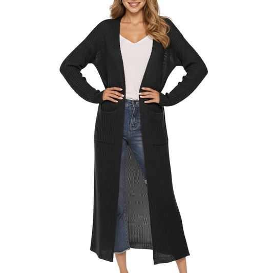 Open Front Long Knit Cardigan with Pockets and Ribbed Trim