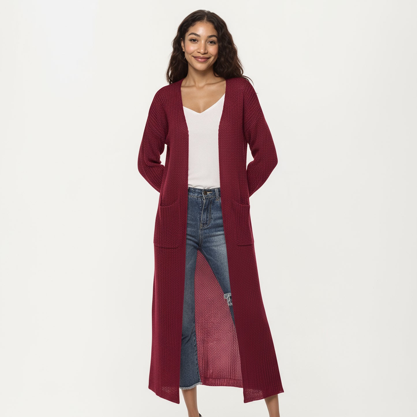 Open Front Long Knit Cardigan with Pockets and Ribbed Trim