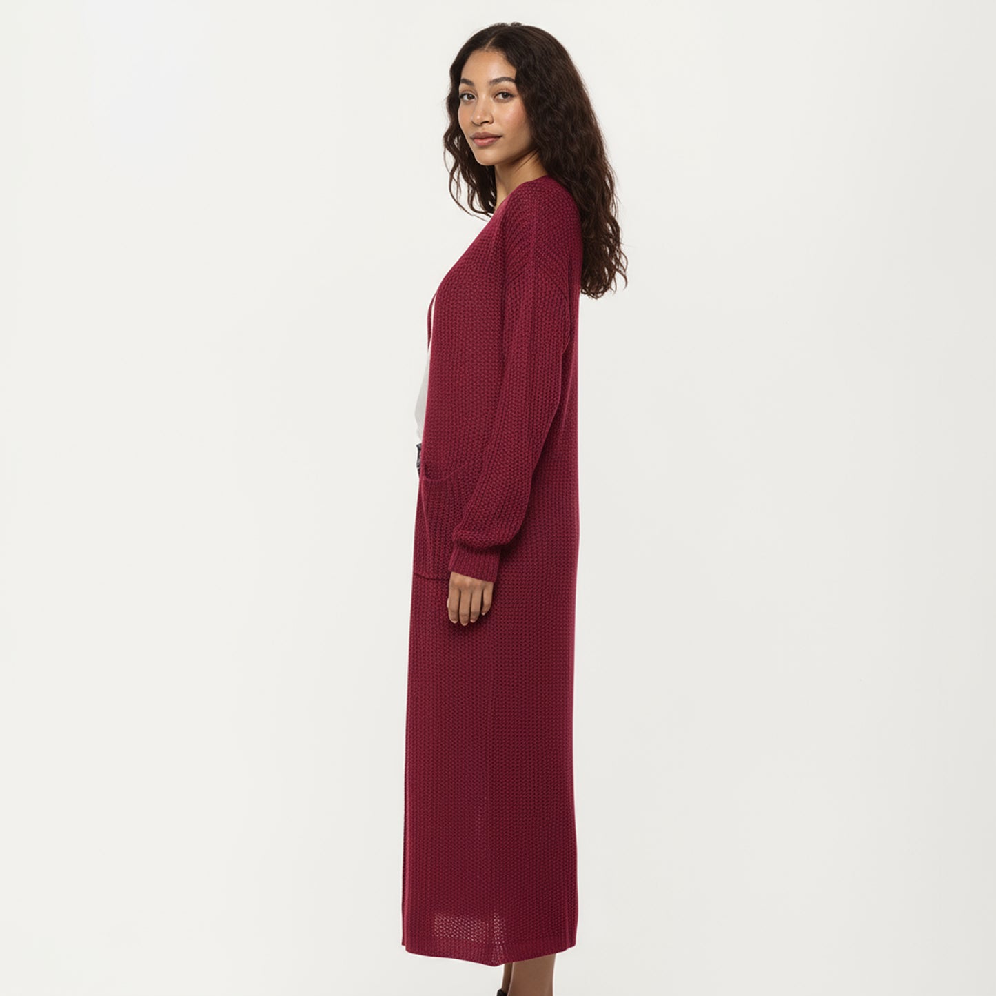 Open Front Long Knit Cardigan with Pockets and Ribbed Trim