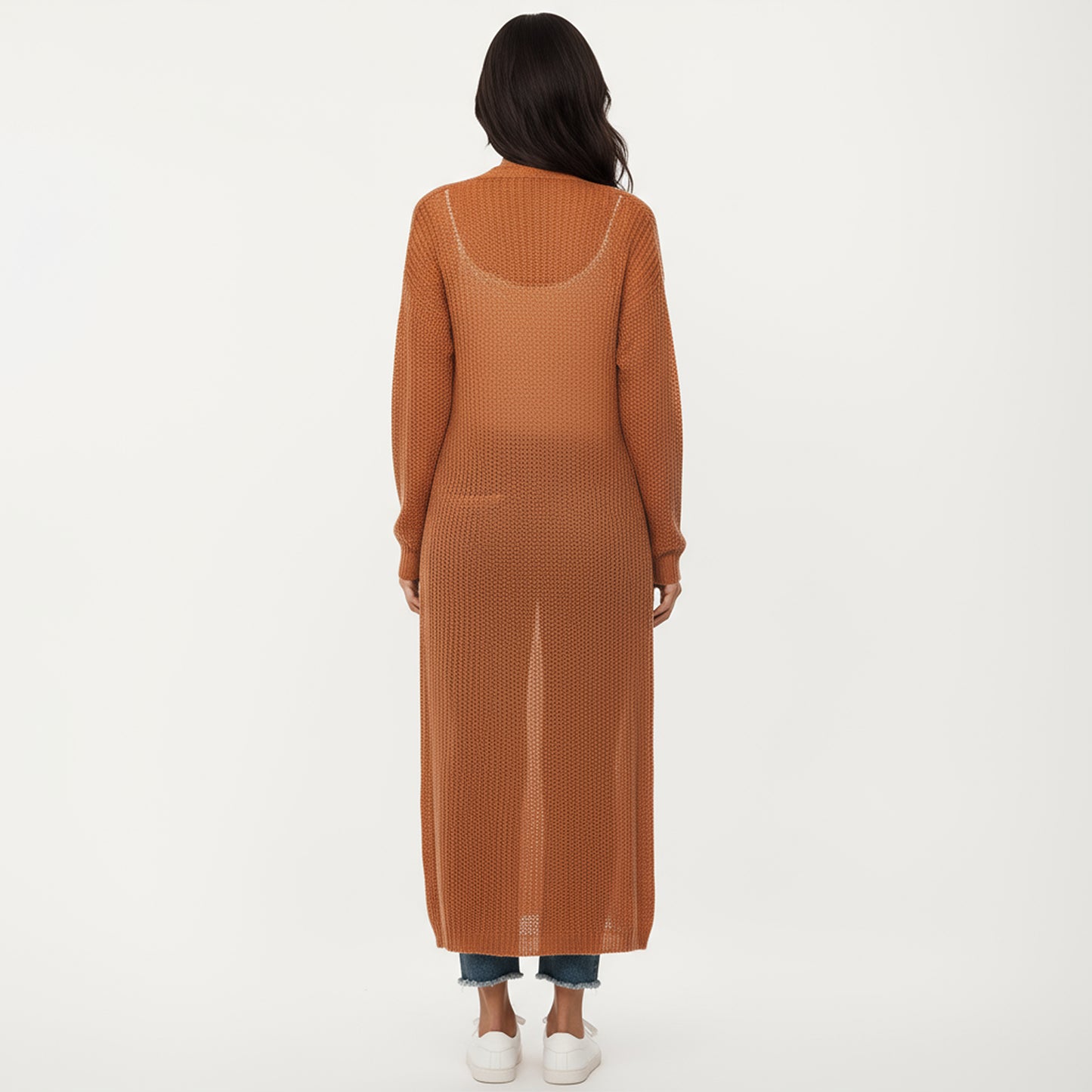 Open Front Long Knit Cardigan with Pockets and Ribbed Trim