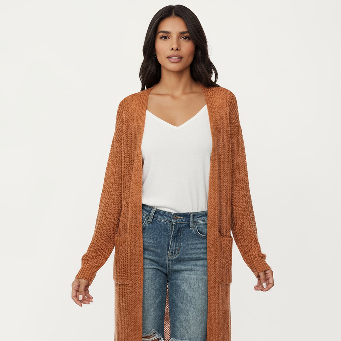 Open Front Long Knit Cardigan with Pockets and Ribbed Trim