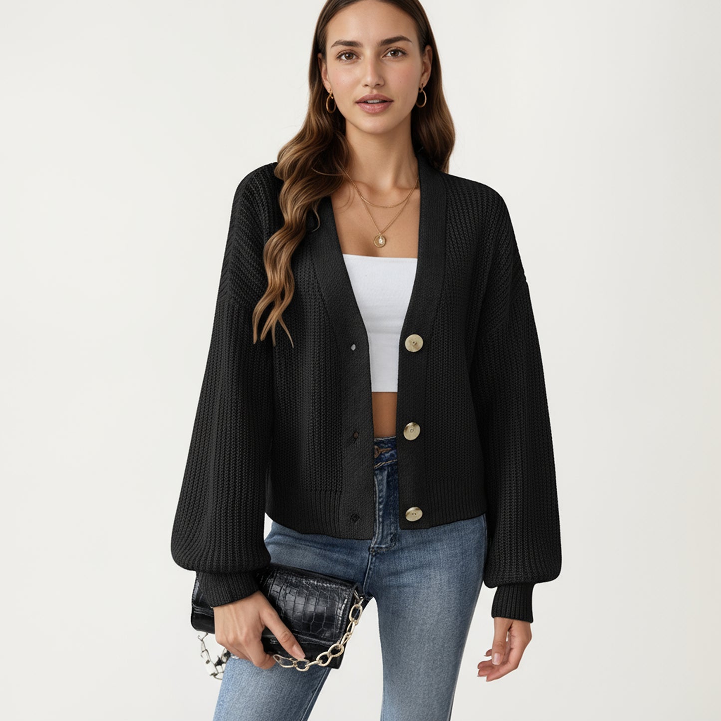 Button Front Knit Cardigan with Long Lantern Sleeves and Relaxed Fit