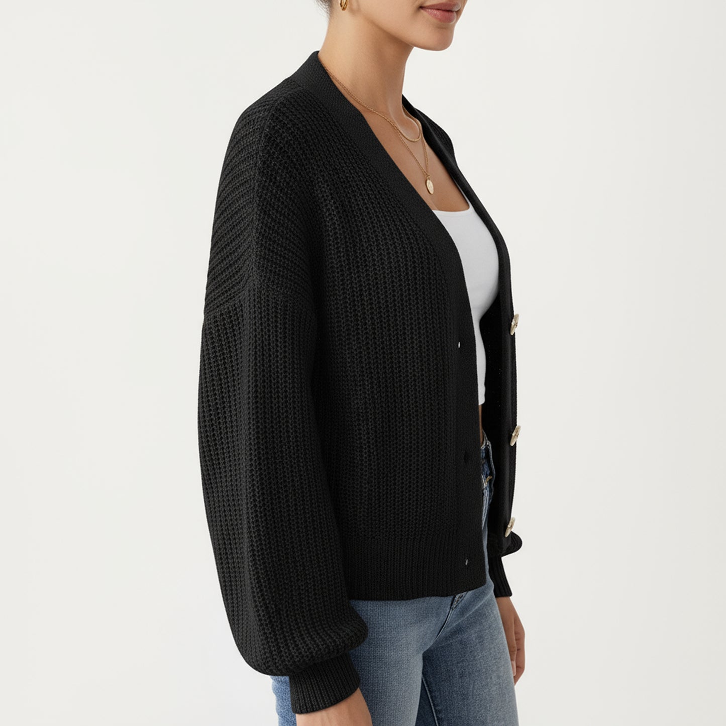 Button Front Knit Cardigan with Long Lantern Sleeves and Relaxed Fit