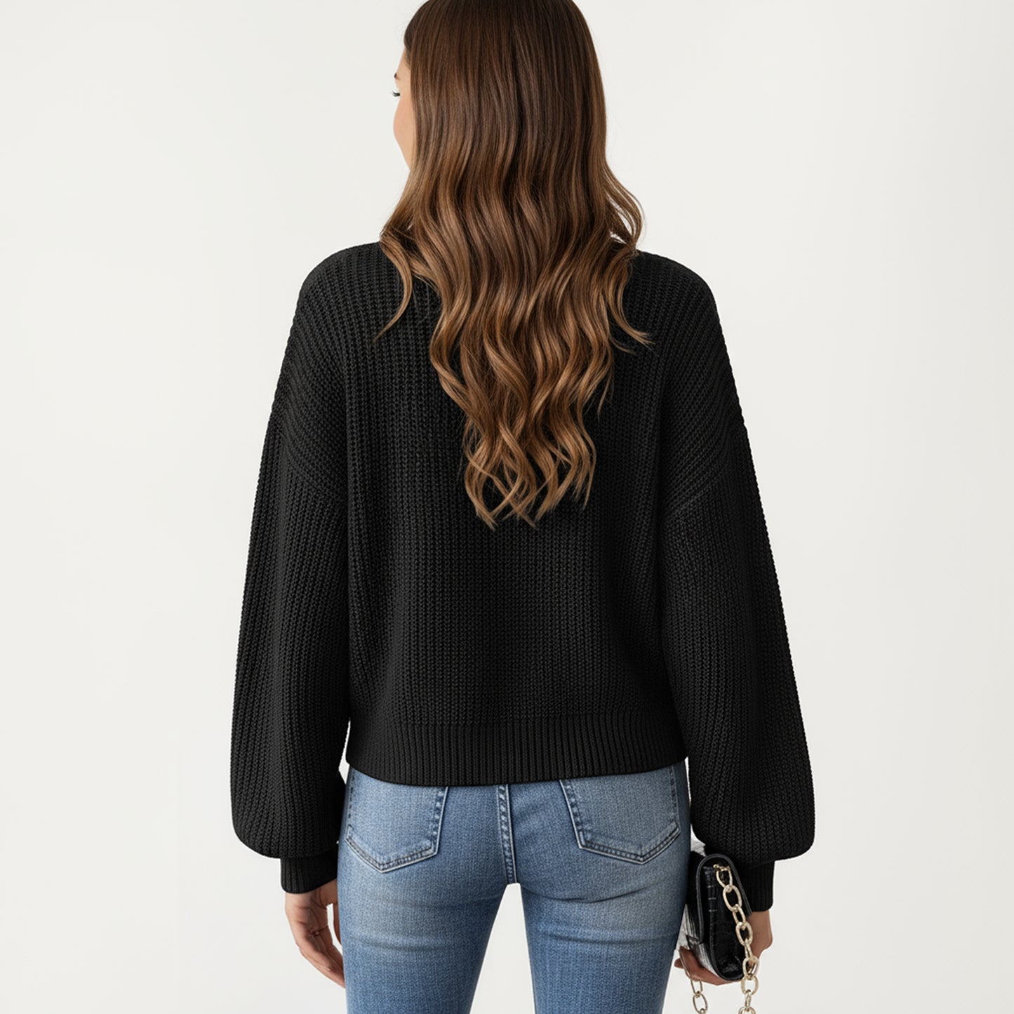 Button Front Knit Cardigan with Long Lantern Sleeves and Relaxed Fit
