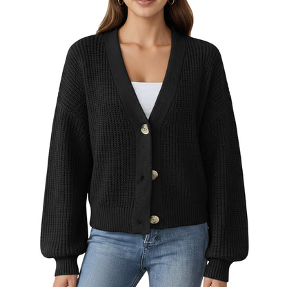 Button Front Knit Cardigan with Long Lantern Sleeves and Relaxed Fit